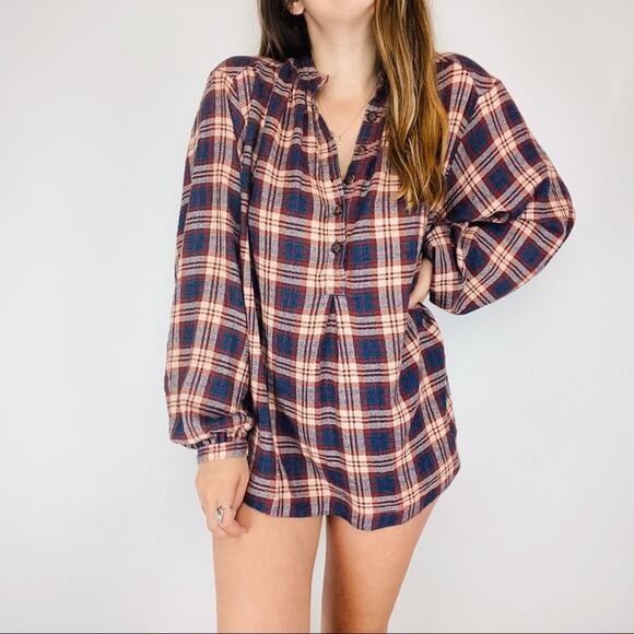 Free People maroon balloon sleeve flannel tunic